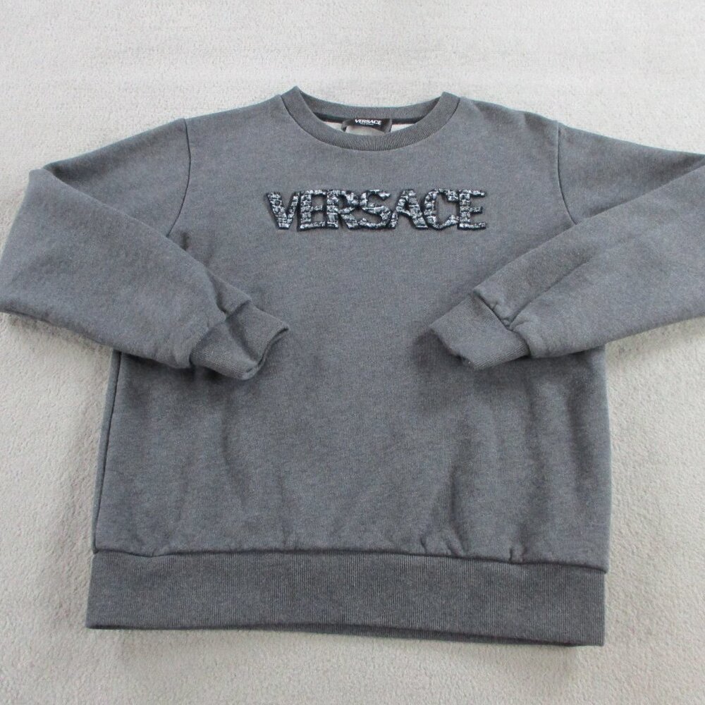 VERSACE Kids Logo Sweatshirt Size 12a Gray Logo Applique Fleece Sweater Crewneck